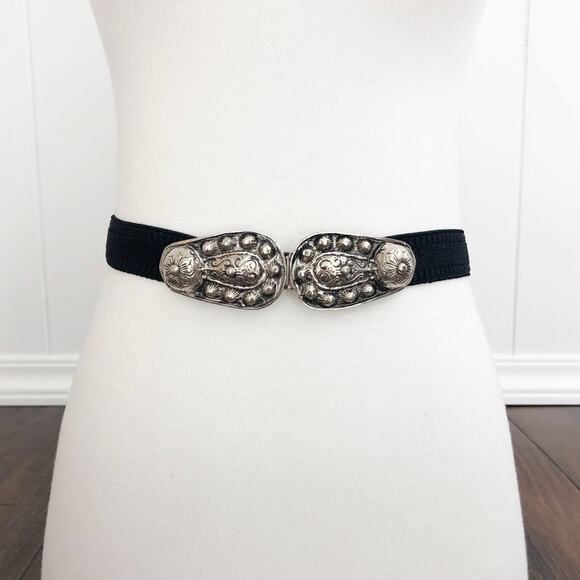 Vintage Accessocraft NYC Stretch Belt Antiqued Silver Tone Detail Formal Black - Picture 13 of 13